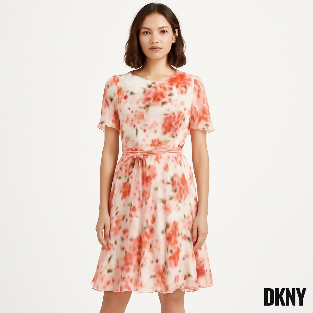 DKNY Floral Print Flutter Sleeve Belted Fit & Flare Dress Size 8